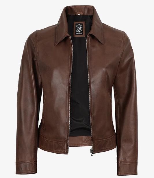 Women's Brown Cognac Waxed Shirt Collar Leather Jacket