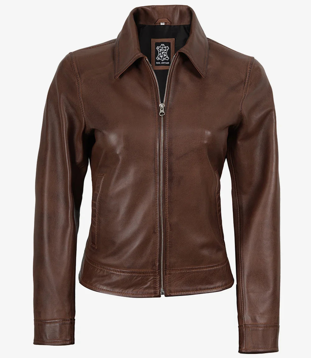 Women's Brown Cognac Waxed Shirt Collar Leather Jacket