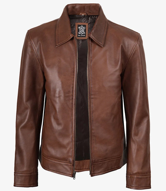 Men's Cognac Brown Harrington Leather Jacket | Shirt Collar
