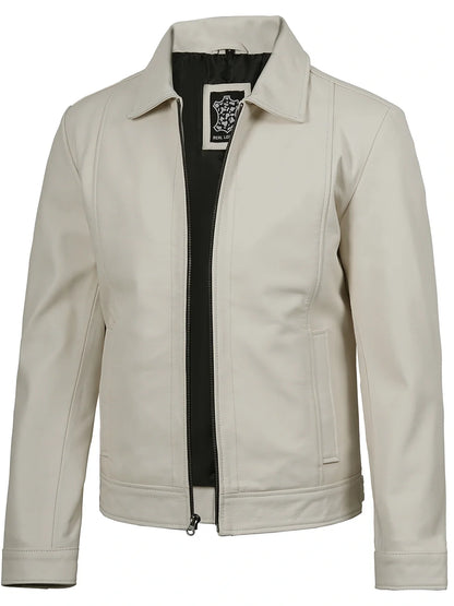 Men Off White Real Leather Harrington Jacket