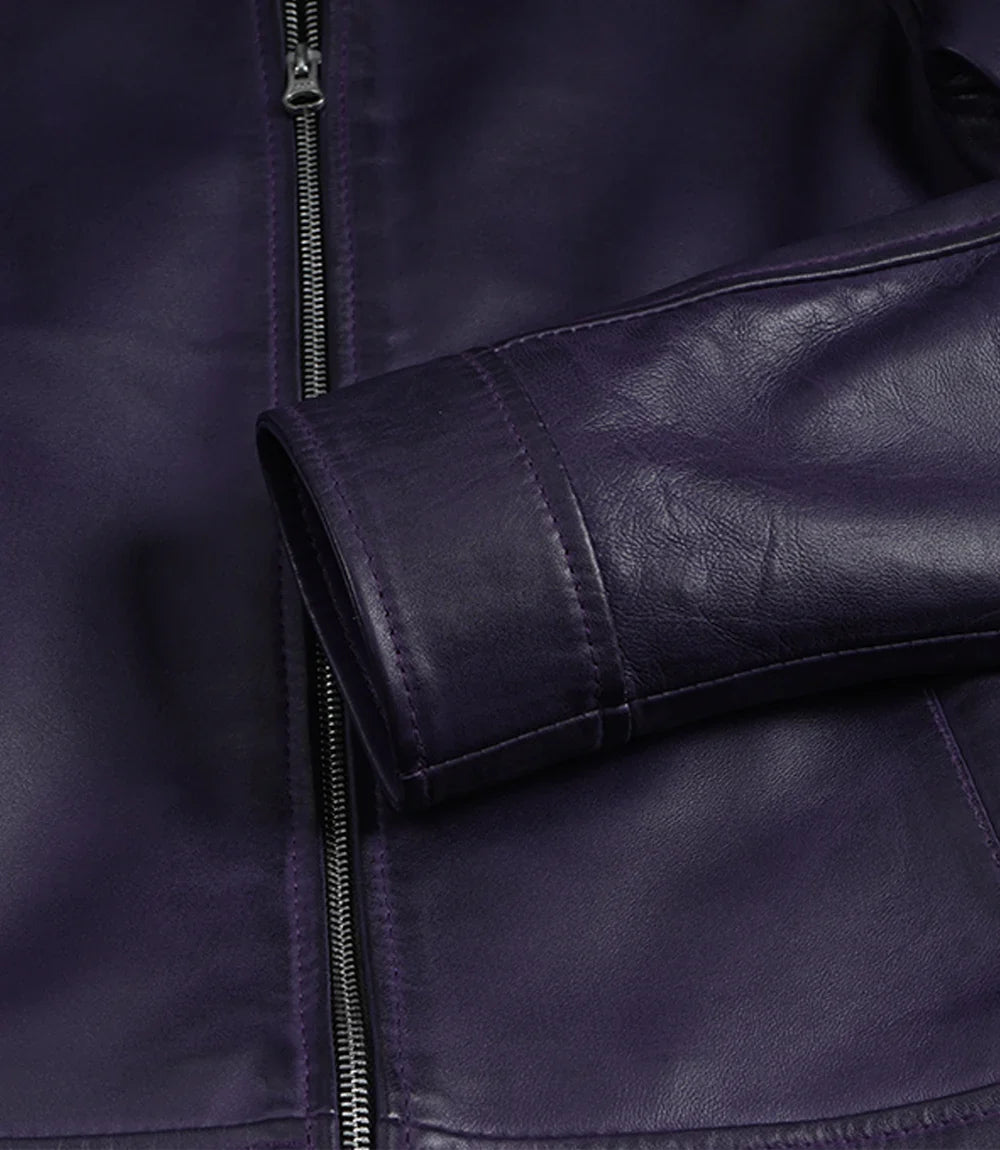 Women's Purple Waxed Shirt Collar Harrington Leather Jacket