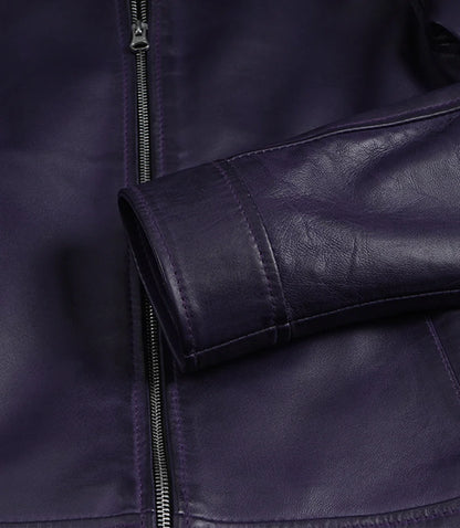 Women's Purple Waxed Shirt Collar Harrington Leather Jacket