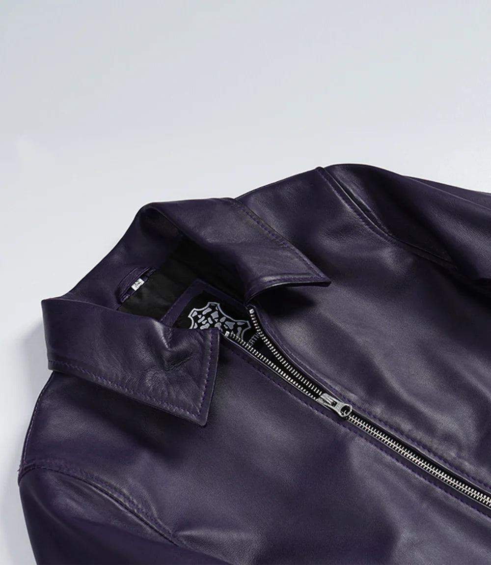 Women's Purple Waxed Shirt Collar Harrington Leather Jacket