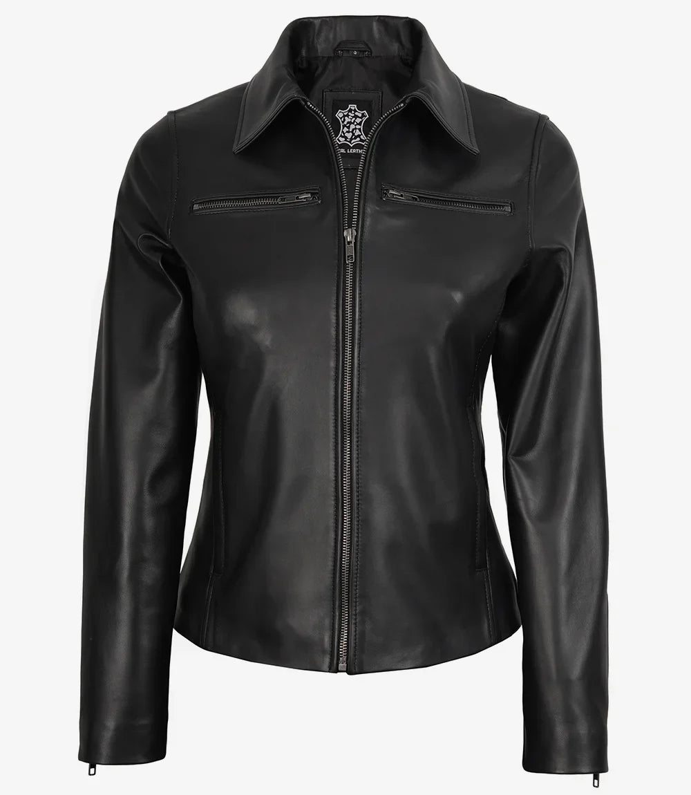 Women's Black Harrington Style Real Leather Jacket
