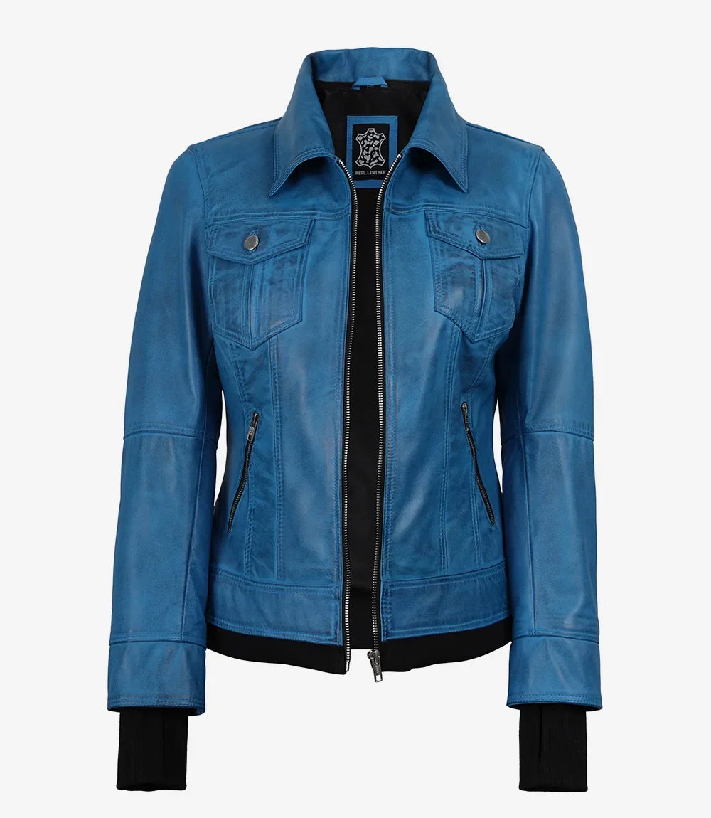 Women's Vivid Blue Lambskin Leather Jacket - Removable Hood