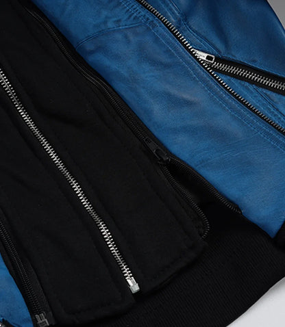Women's Vivid Blue Lambskin Leather Jacket - Removable Hood