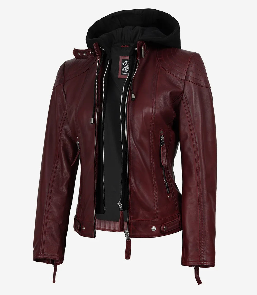 Women's Maroon Real Leather Jacket With Removable Hood