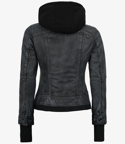 Women's Washed Black Lambskin Bomber Jacket with Removable Hood