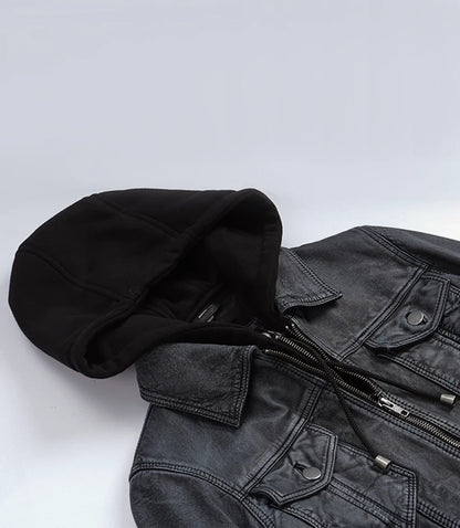 Women's Washed Black Lambskin Bomber Jacket with Removable Hood