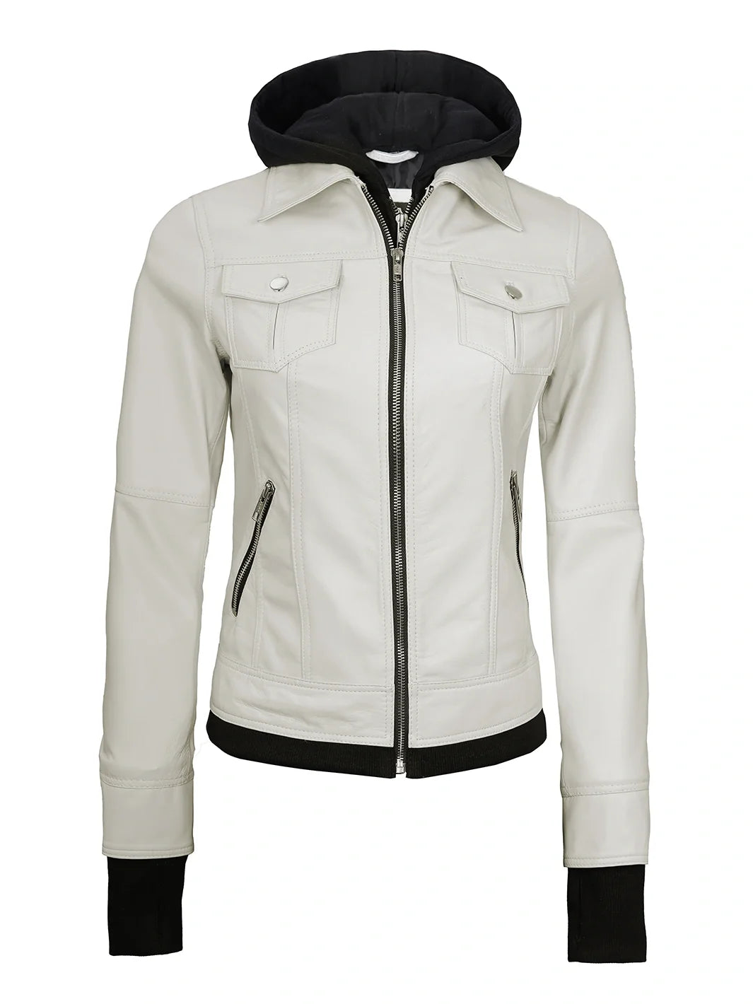 Real Leather Womens Off White Bomber Jacket with Removable Hood