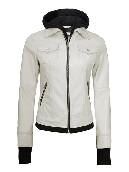 Real Leather Womens Off White Bomber Jacket with Removable Hood