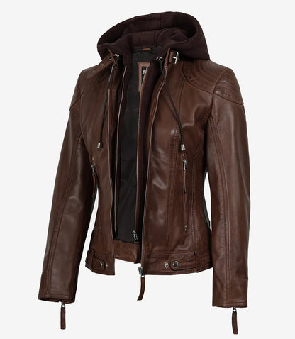 Women’s Cognac Brown Lambskin Hooded Leather Jacket (2-in-1 Style)