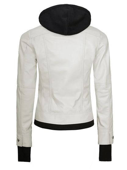 Real Leather Womens Off White Bomber Jacket with Removable Hood