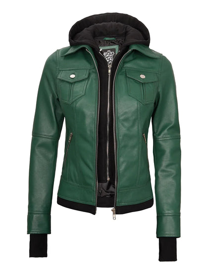 Real Leather Womens Green Bomber Jacket with Removable Hood