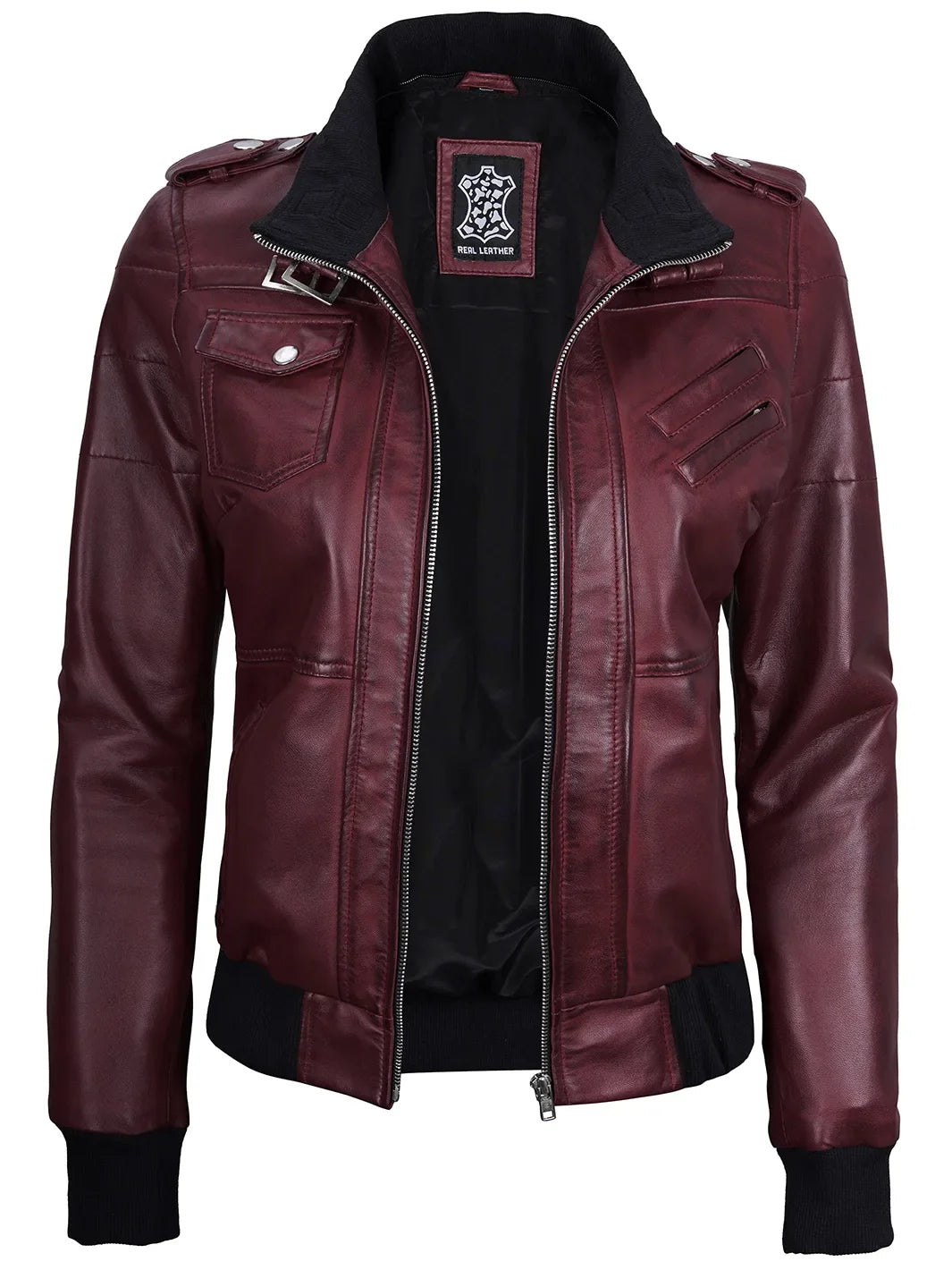 Women's Burgundy Leather Jacket with Removable Hood