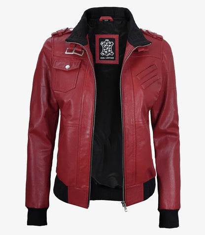 Women's Red Lambskin Jacket with Removable Hood