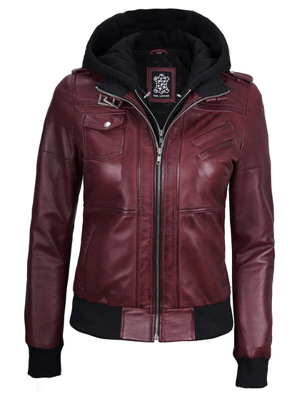 Women's Burgundy Leather Jacket with Removable Hood