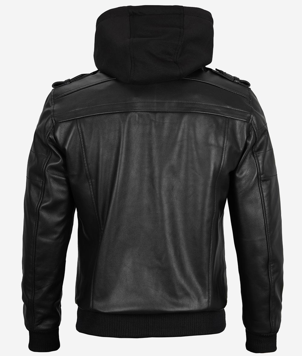 Men's Black Leather Bomber Jacket with Removable Hood