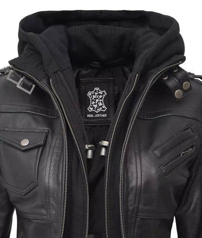 Womens Petite Black Leather Bomber Jacket With Removable Hood
