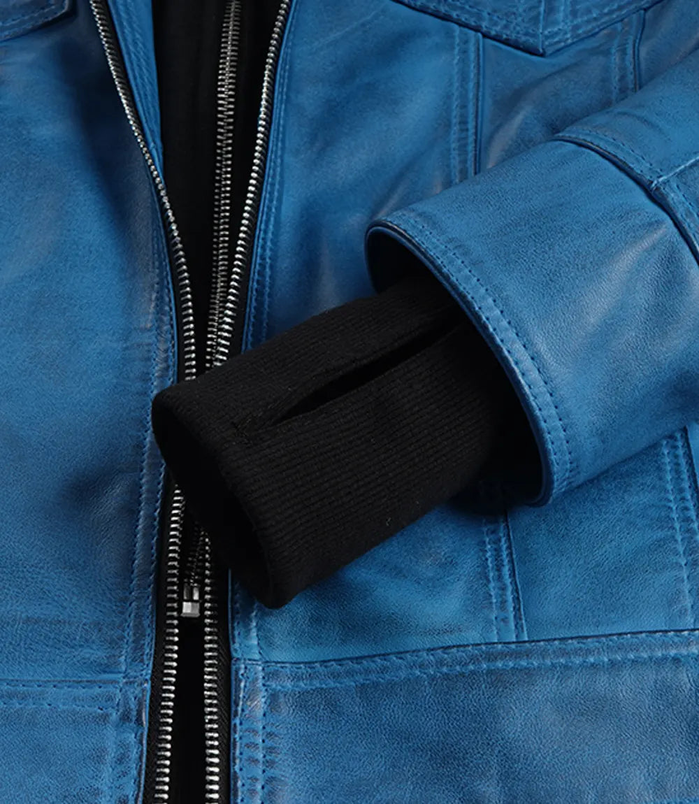 Women's Vivid Blue Lambskin Leather Jacket - Removable Hood