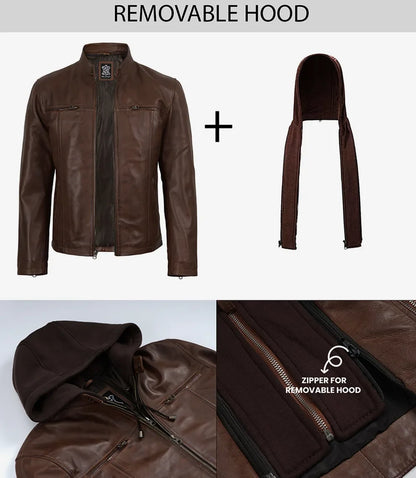 Mens Cognac Wax Cafe Racer Style Leather Jacket with Removable Hood