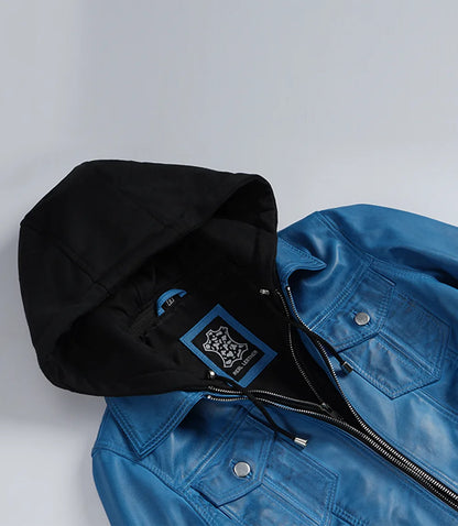 Women's Vivid Blue Lambskin Leather Jacket - Removable Hood