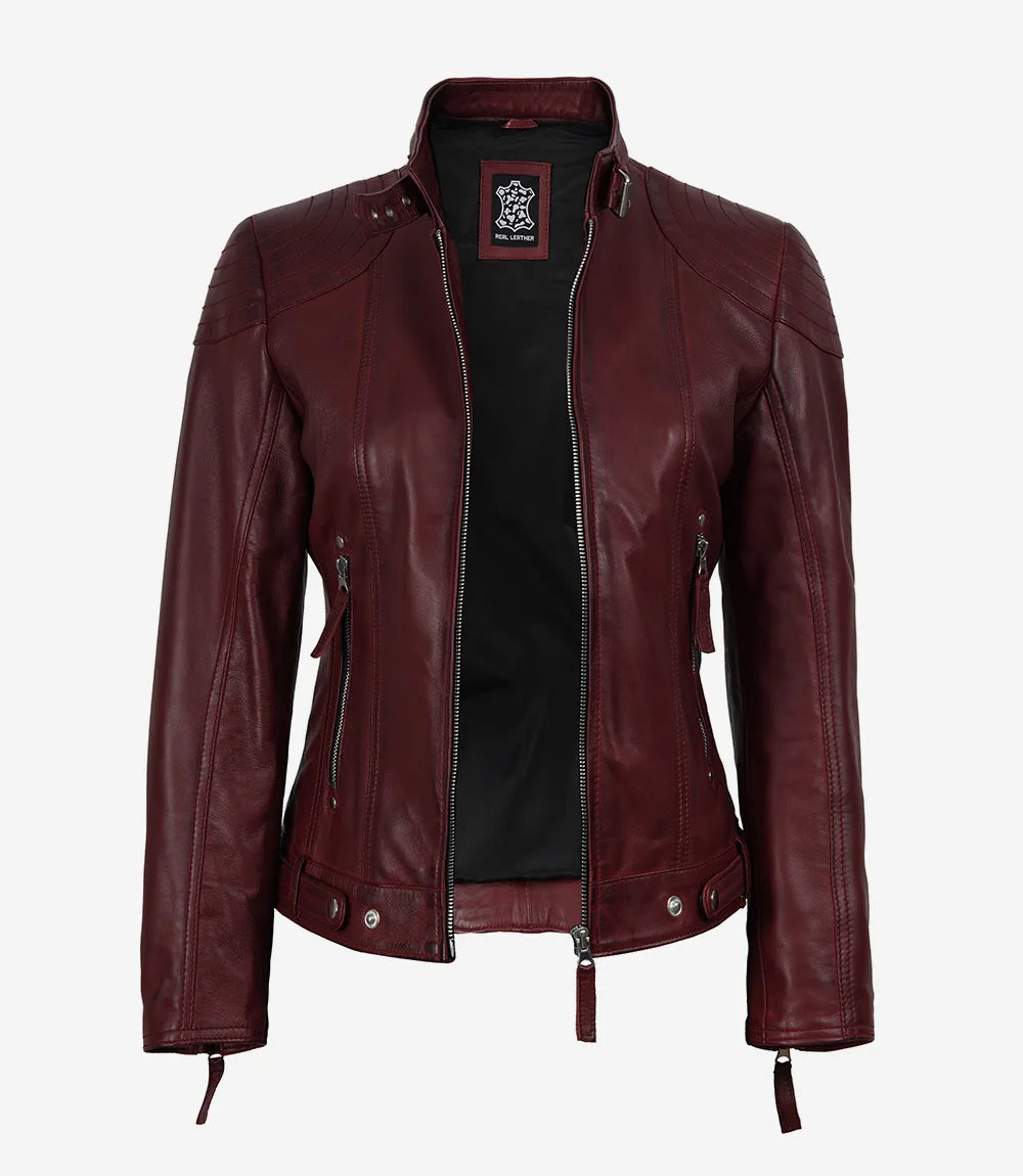 Women's Maroon Real Leather Jacket With Removable Hood