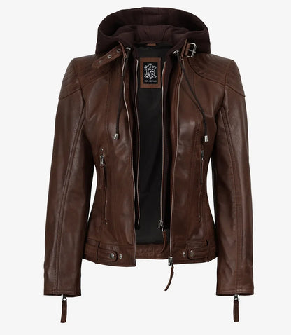 Women's Cognac Brown Real Leather Jacket With Removable Hood