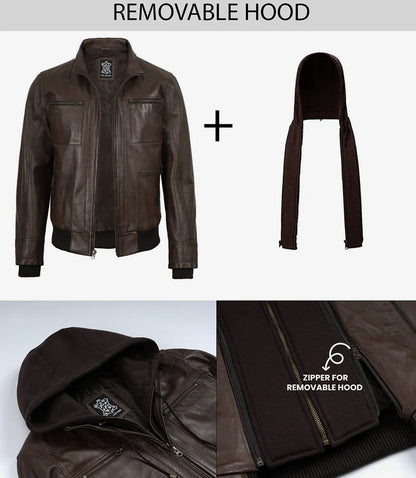 Men's Dark Brown Bomber Leather Jacket With Removable Hood