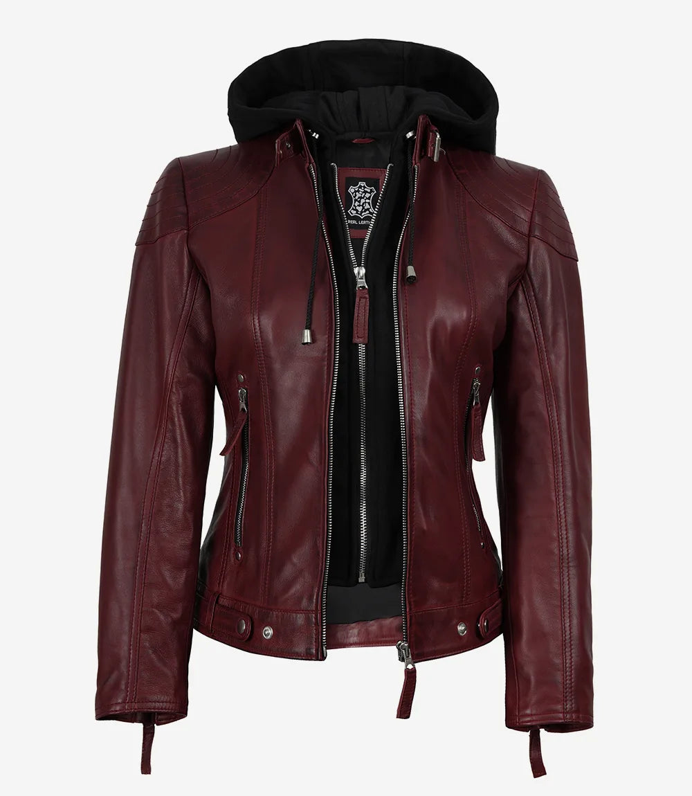 Women's Maroon Real Leather Jacket With Removable Hood