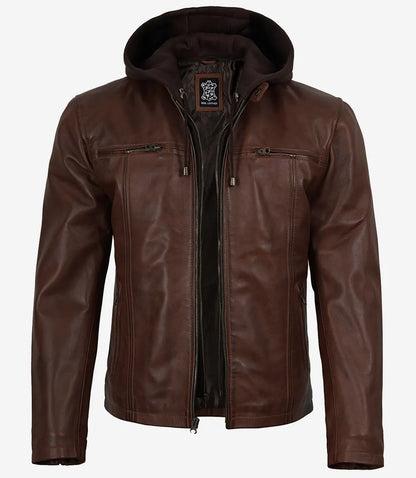 Mens Cognac Wax Cafe Racer Style Leather Jacket with Removable Hood