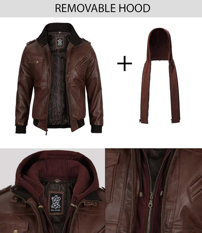 Men's Dark Brown Hooded Leather Bomber Jacket