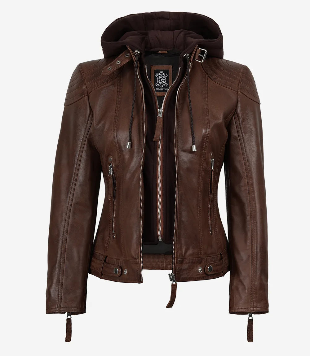Women's Cognac Brown Real Leather Jacket With Removable Hood