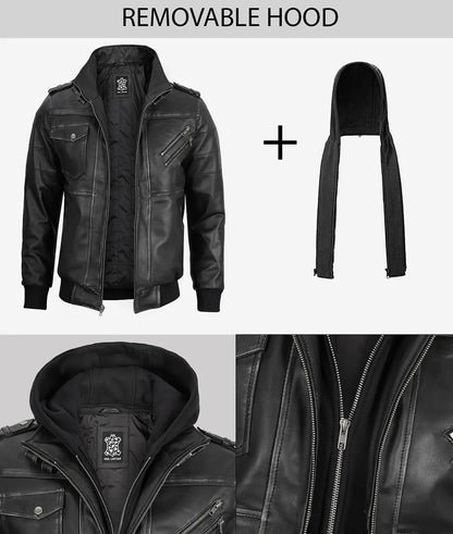 Edinburgh Men's Grey Leather Bomber Jacket With Removable Hood