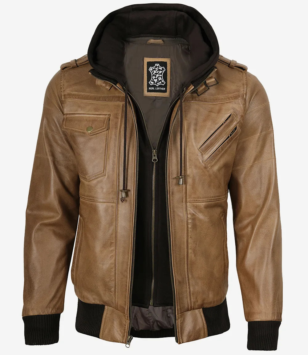 Men's Camel Brown Lambskin Bomber Jacket with Removable Hood