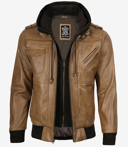 Men's Camel Brown Lambskin Bomber Jacket with Removable Hood