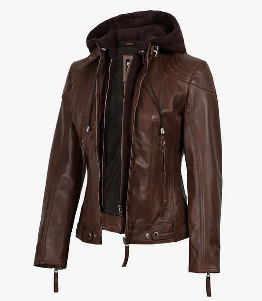 Women's Cognac Brown Real Leather Jacket With Removable Hood