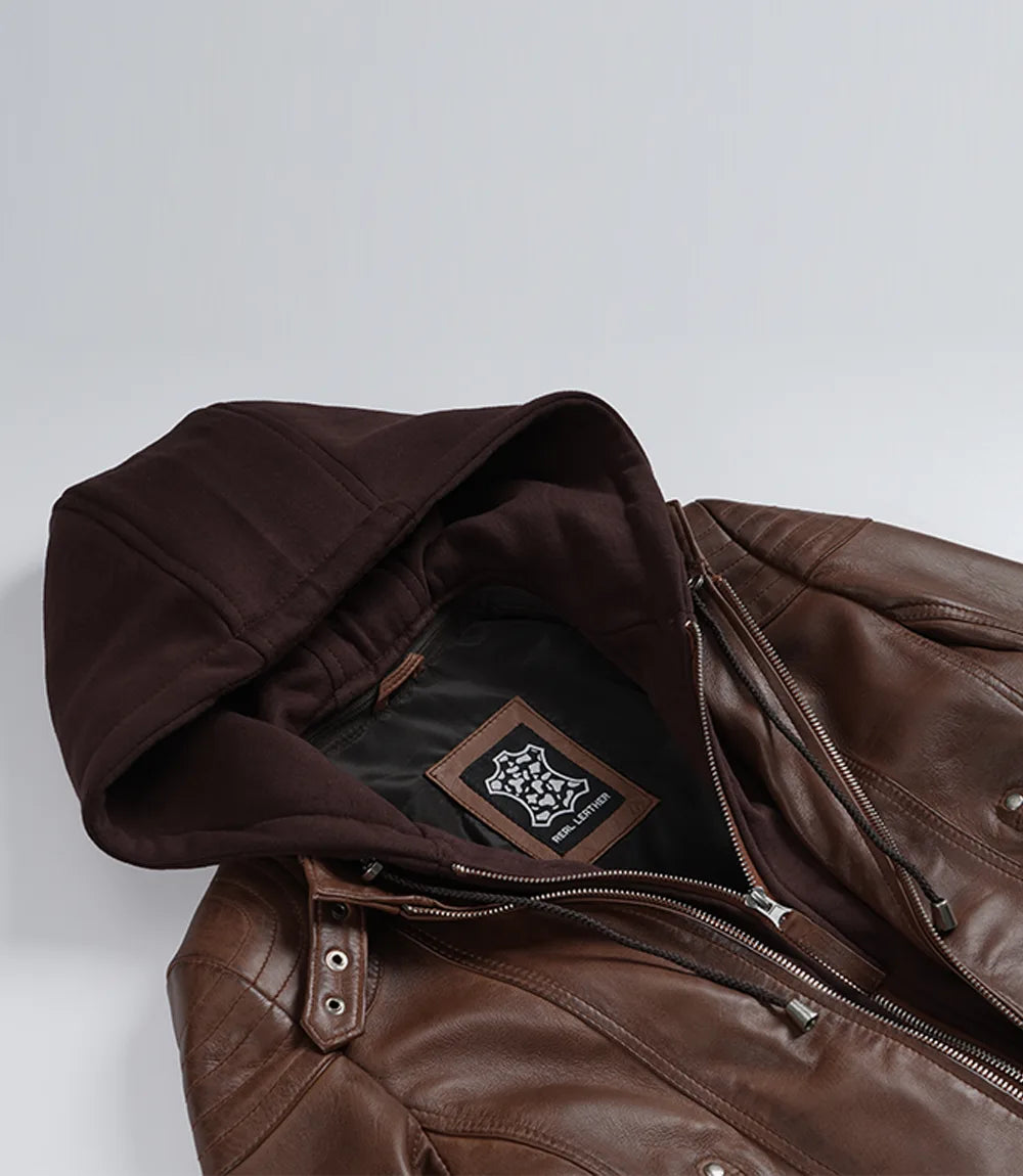 Women's Cognac Brown Real Leather Jacket With Removable Hood