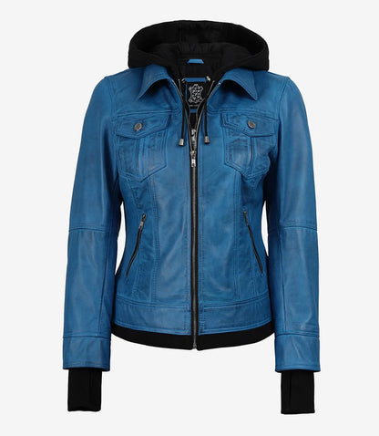 Women's Vivid Blue Lambskin Leather Jacket - Removable Hood