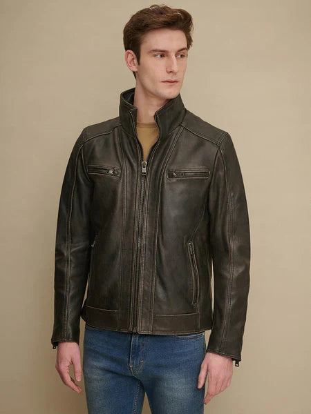 Men's Dark Brown Lambskin Leather Biker Jacket, Designer café racer jacket With Zipper & Pockets Max Jackets