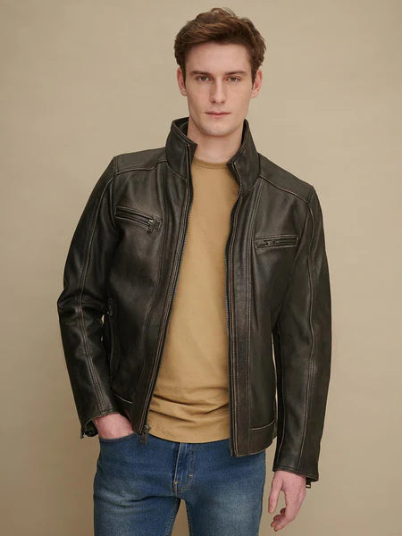 Men's Dark Brown Lambskin Leather Biker Jacket, Designer café racer jacket With Zipper & Pockets Max Jackets