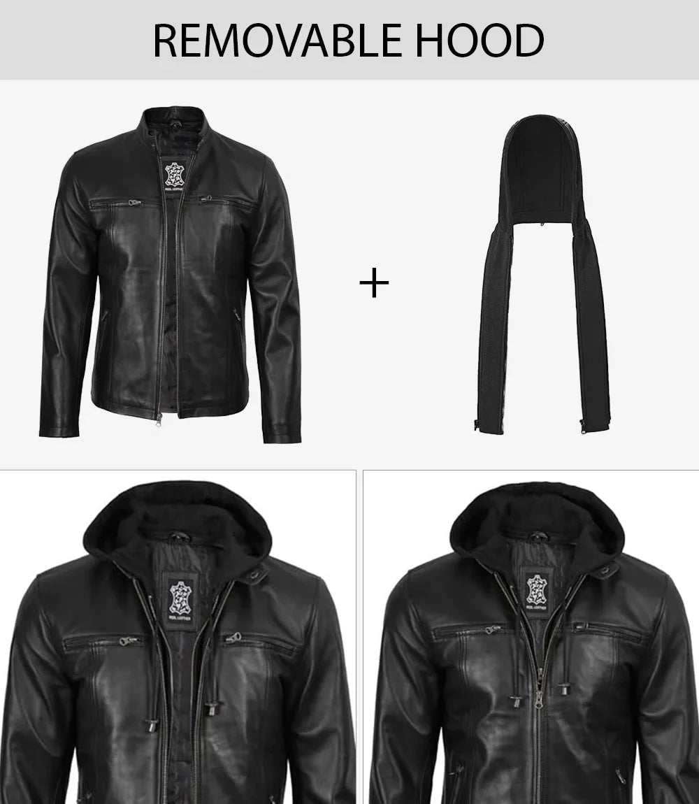 Jonathan Mens Black Cafe Racer Style Leather Jacket with Removable Hood