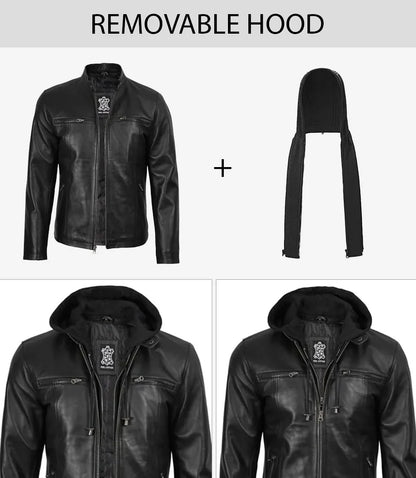 Jonathan Mens Black Cafe Racer Style Leather Jacket with Removable Hood