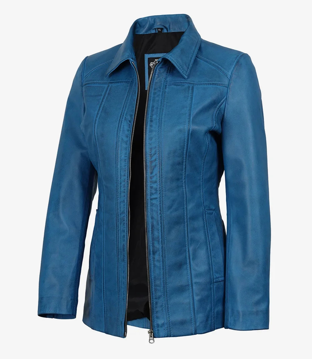 Women's Blue Lambskin Leather Car Coat with Shirt Collar
