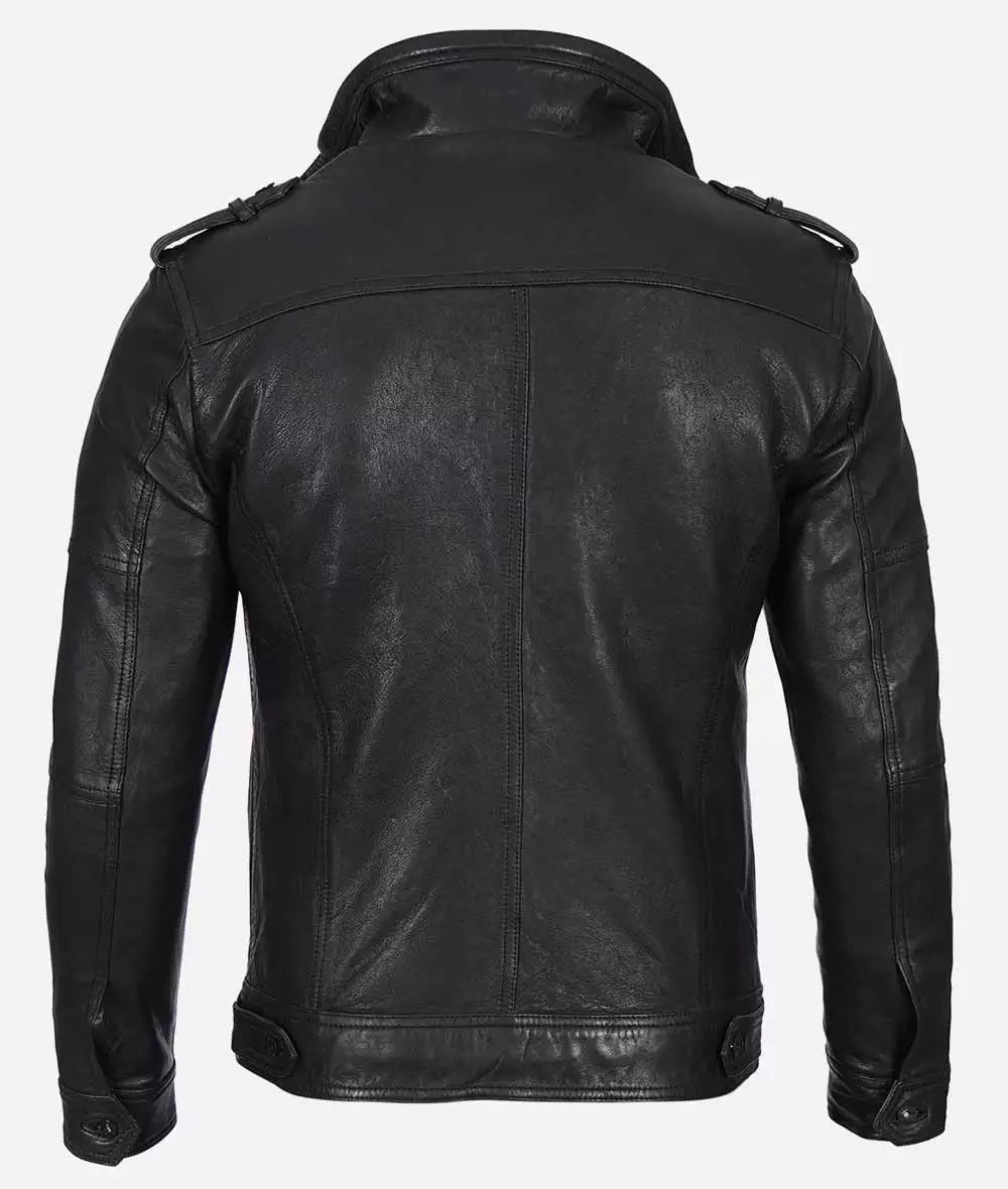 Men's Black Washed Leather Biker Style Jacket