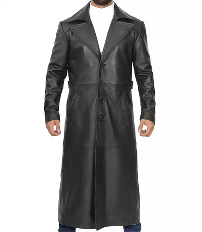 Men's Full-Length Black Leather Coat - Duster Coat