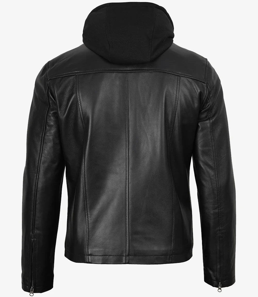Jonathan Mens Black Cafe Racer Style Leather Jacket with Removable Hood