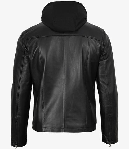 Jonathan Mens Black Cafe Racer Style Leather Jacket with Removable Hood