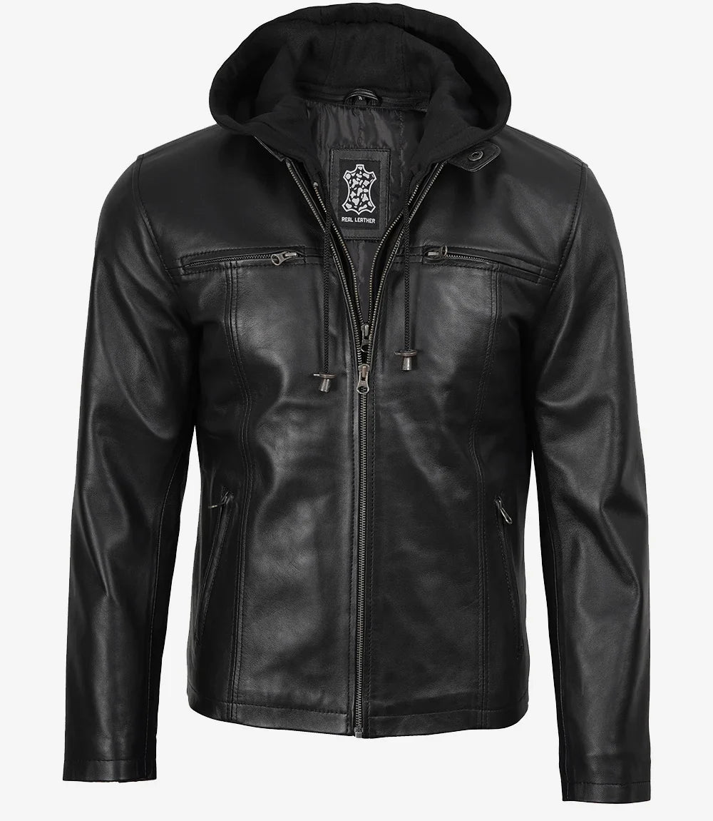 Jonathan Mens Black Cafe Racer Style Leather Jacket with Removable Hood