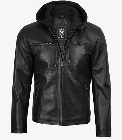 Jonathan Mens Black Cafe Racer Style Leather Jacket with Removable Hood